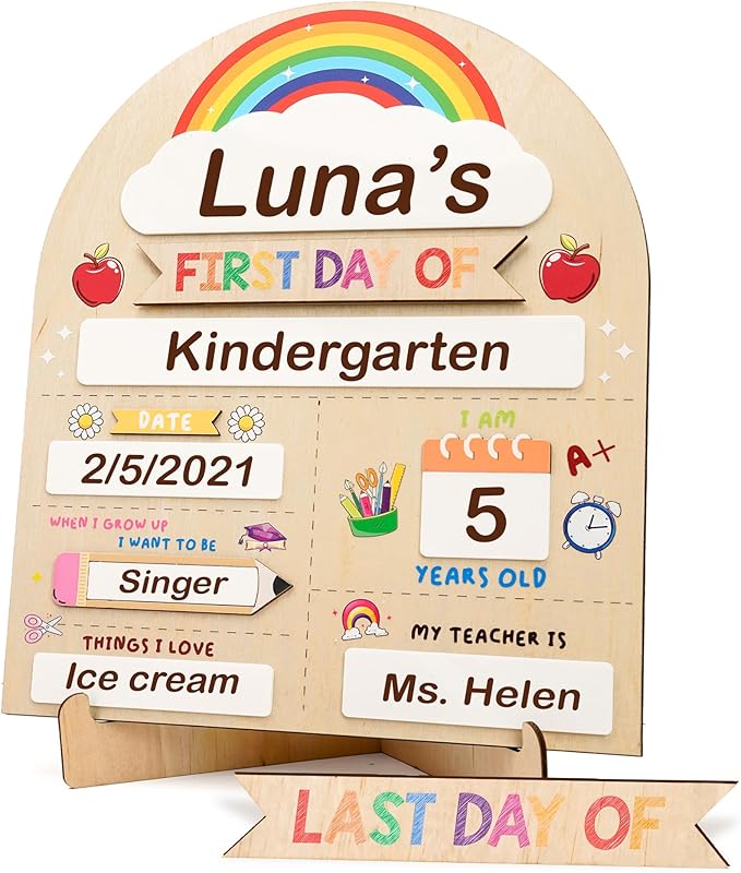 12"x10" Back to School Sign, My First & Last Day of School Board for Kids, Reusable Back to Class Wooden Chalkboard for Preschool, Pre-K, and Kindergarten, Easy to Write & Clean Board