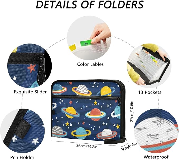 13 Pockets Expanding File Folder Planets and Stars Doodle with Sticky Labels Accordion File Folder Document Organizer Letter Size A4 Papers Expandable File Keeper