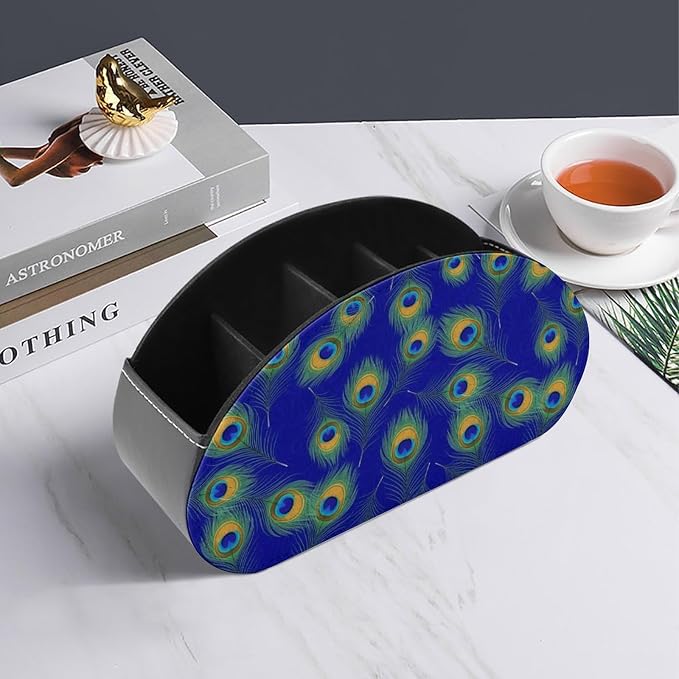 PU Leather Remote Organizer Box, 5-Compartment Storage for TV Remotes, Media Controllers, and Home Desk, Peacock Feathers