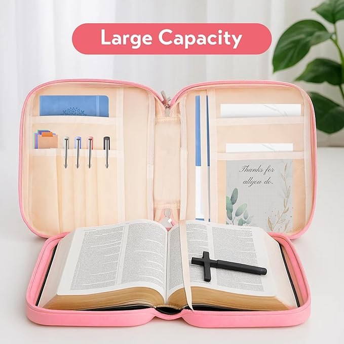 Bible Cover with Durable Handle, Carrying Book Case Church Bag Bible, Protective with Zippered Pocket, Bible Study Accessories Supplies, Gift for Mother Lady Women Men(Pink)