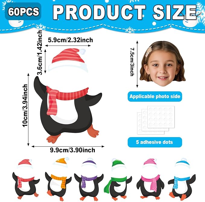 60Pcs Winter Penguin Paper Cutouts Winter Bulletin Board Decoration Colorful Penguin DIY Photo Craft Cutout Christmas Classroom Supplies for Teacher Student School Holiday Party Chalkboard Wall Decor
