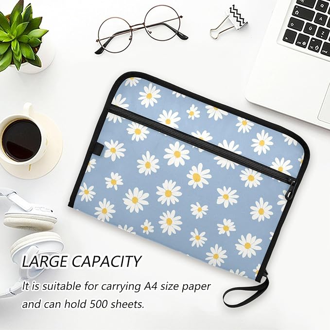 Blue Daisies Accordion File Organizer Expanding Document Folder with 13 Pockets Portable File Folder for A4 Letter Size