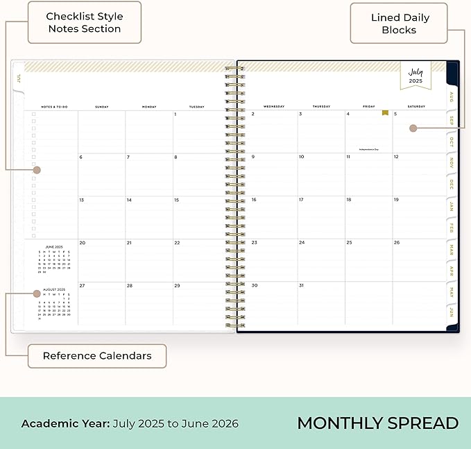 Blue Sky Day Designer 2025-2026 Weekly and Monthly Academic Year Planner Calendar, July 2025 - June 2026, 8.5" x 11", Flexible Cover, Laminated Tabs, Storage Pocket, Includes Stickers, Peyton Navy