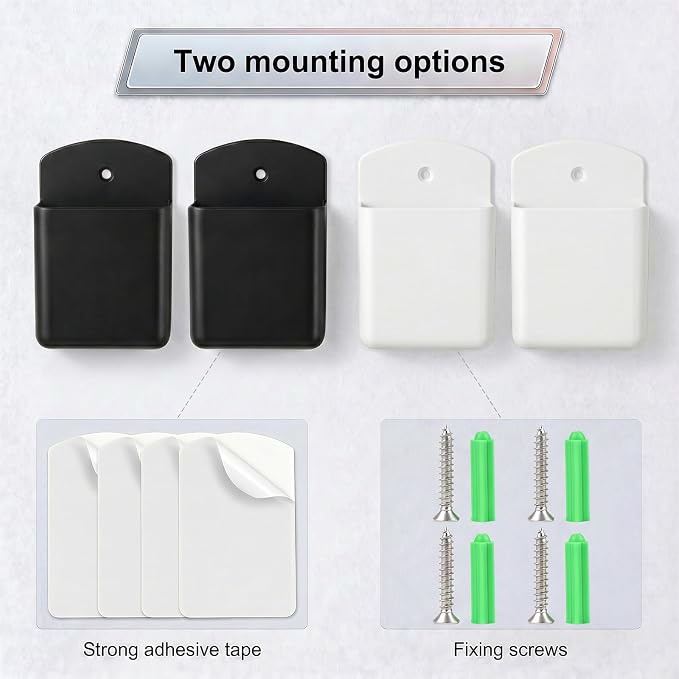 2 PCS Remote Control Holder Wall Mount, TV Remote Control Holder, Self Adhesive Pen Holder Organizers and Accessories for Home Office School (4, White 2Pcs+Black 2Pcs)