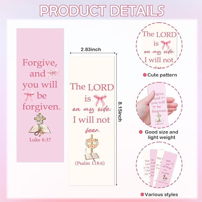 100 Pcs Christian Bookmarks, Religious Pink Bow Cross Flower Paper Bookmark Bulk for Women, Inspirational Bible Verse Book Mark Gift for Reading Lovers Church Accessories