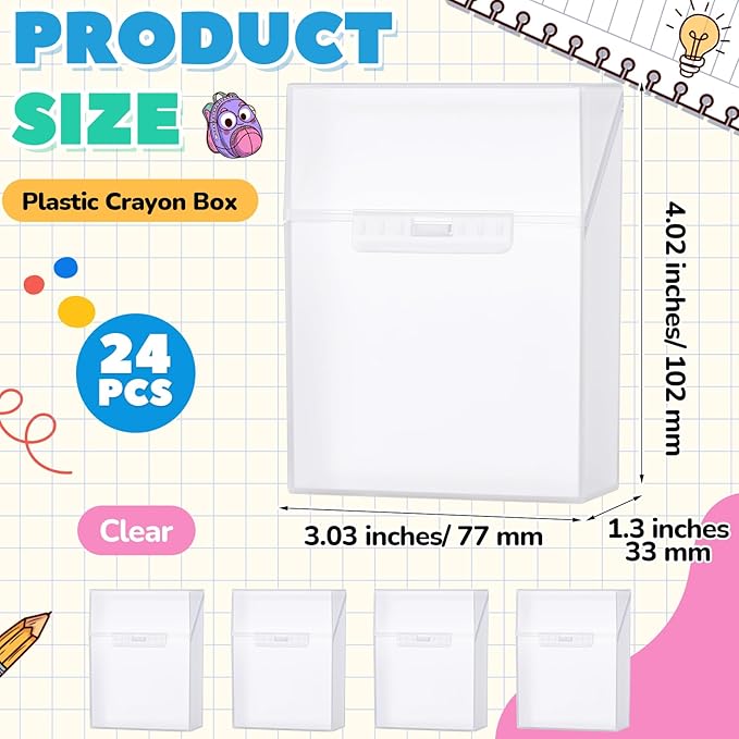 Clabby 24 Pcs Plastic Clear Crayon Box Bulk Holds 24 Crayon With Hinged Lid and Snap Closure for Pens School Office Supply Organization (Clear)