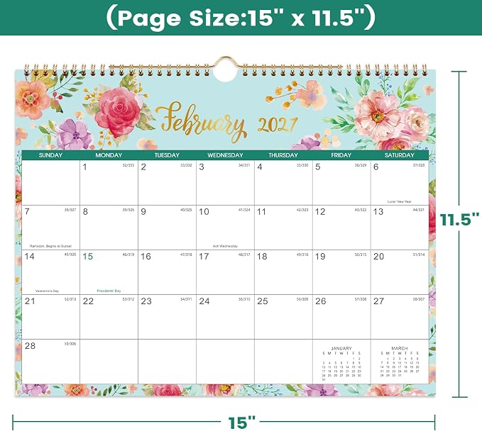 Calendar 2026-2027 - Wall Calendar 2026-2027, Jul. 2026 - Dec. 2027, 15" x 11.5", 18 Monthly Wall Calendars, Twin-Wire Binding + Hanging Hook + Thick Paper + Julian Dates - Floral