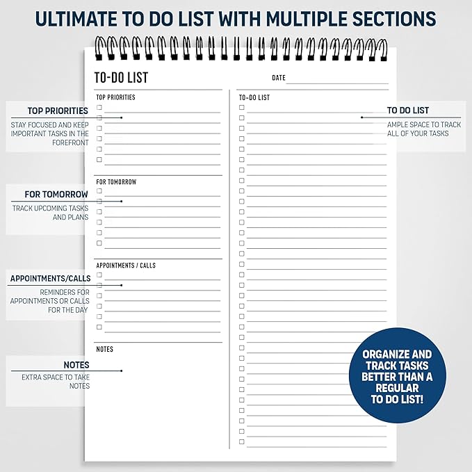 To Do List Notepad 8.5x11" - Has Multiple Functional Sections - Large Size, 52 Sheets - Spiral Daily Planner Notebook - Task Checklist Organizer Agenda Pad for Work, Note and Todo Organization