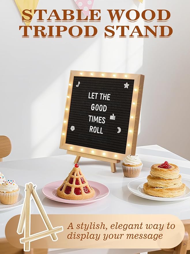 Changeable Felt Letter Board with LED Lights - 10×10" Message Custom Signs & Wood Stand & 450 Letters, Poster Board for Graduation/Baby/Pregnancy Announcement/Classroom Wall Decor Gifts, Black