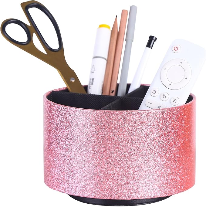 Remote Holder, PU Leather 360 Degree Rotating Desktop Organizer with 4 Compartments, Makeup Brush Holder Organizer for Vanity Desk, Bling Pink PH102