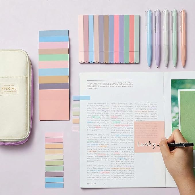 Jutom 39 Pcs Aesthetic Book Annotation Kit Highlighter with Pencil Case Bag Gel Pen Transparent Sticky Note Taking Bible Study College School Supplies(Purple,Cute Style)