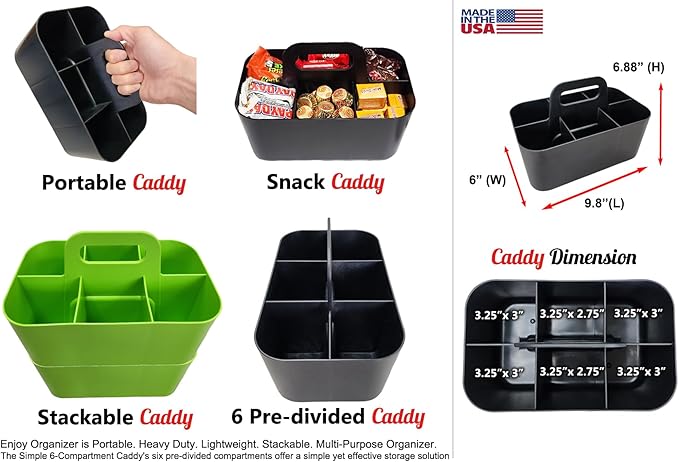 Small Stackable Plastic Caddy with Handle 6 Compartment | Desk, Makeup, Dorm Caddy, Classroom Art Organizers - 4 Pack, Made In USA (Black/Red/Blue/Green)