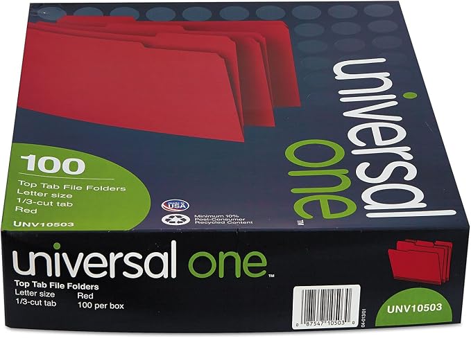 Colored File Folders, 1/3 Cut One-Ply Top Tab, Letter, Red, 100/Box
