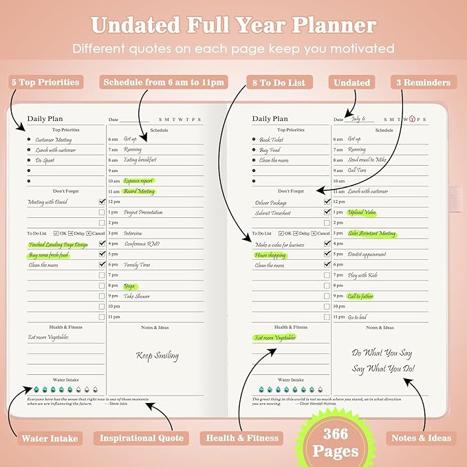 Undated Daily Planner 2024-2025, ADHD & Work Planner for Women & Men, Hourly Goal Setting, Hardcover, Start Anytime, A5, Pink