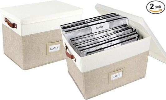 Board Game Storage, Board Game Organizer with 12pcs Zipper Bags and Writable Stickers, Board Organizers Storage with Lid for Office Supplies, Puzzles, Video Game, Craft Product,Beige
