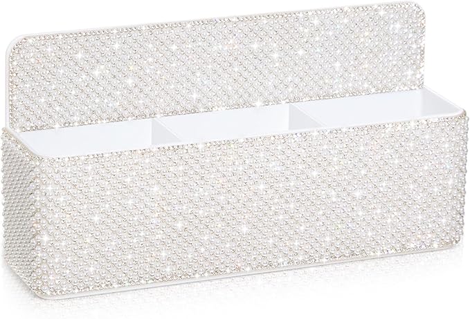 MotiMind White Locker Accessories for Girls, Bling Magnetic Pen Holder for Refrigerator, Back to School Rhinestone Marker Holder for Locker, Sparkly Gift for Student (Large,Pearl)
