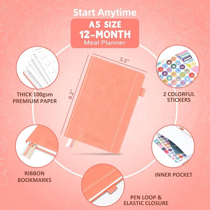 JUBTIC Weekly Meal Planner Notebook, Daily Meal Prep Journal with Shopping and Grocery Lists for Food Planning Menu Planning Healthy Diet or Weight Loss Tracking, Last 1 Year,Undated, A5, Pink