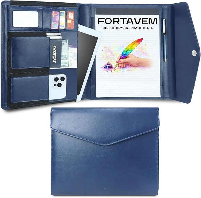 Professional Trifold Padfolio with Magnetic Closure – A4 Letter Portfolio Organizer for Business Meetings, Interviews & Presentations, Document Folder with Notepad Holder Blue