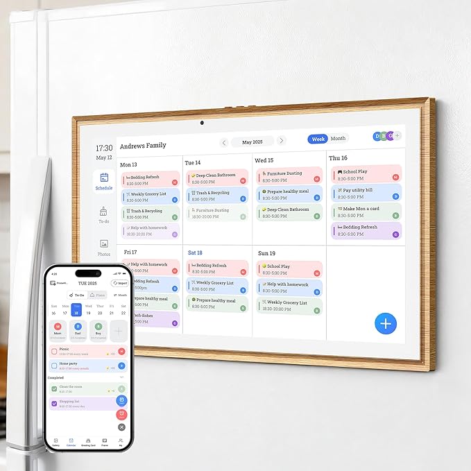 JSUSOU Magnetic Fridge Digital Smart Calendar 15.6" with FREE APP, Auto Sync Electronic Planner for Desk & Wall Touch Screen, Magnetic Refrigerator Mounted, Gifts for Mom Women Her, Teak Wood Grain