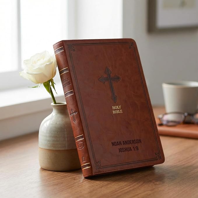 Printualist Personalized KJV Thinline Holy Bible with Name Engraved, Red Letter King James Version, Faux Leather Chestnut Cover, Custom Gift Bible for Christian Celebrations