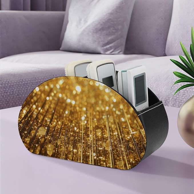 Gold Bling Remote Control Holder with 5 Compartments Leather TV Remote Caddy Remote Storage Box Desktop Organizer for Pen/TV Remotes/Media Controllers/Office Supplies