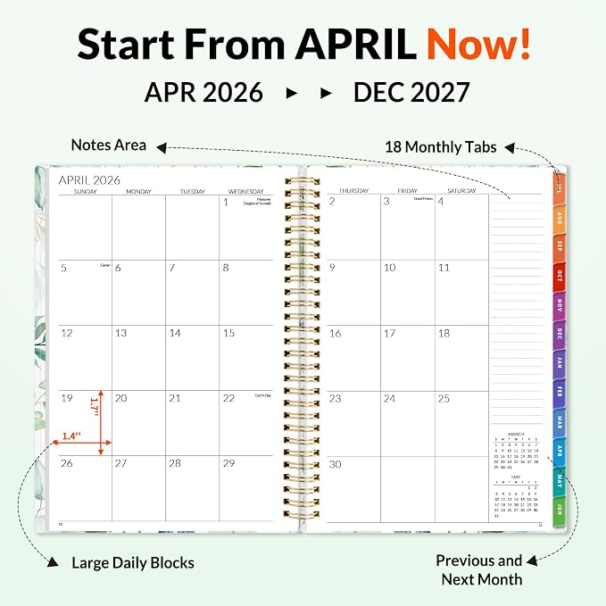 SUNEE Monthly Planner 2026-2027 - 18 Months Calendar Planner from Jul 2026 to Dec 2027, 7"x10" Yearly Planner with Tabs, Spiral Binding, Organizer for School Office Home, Greenery