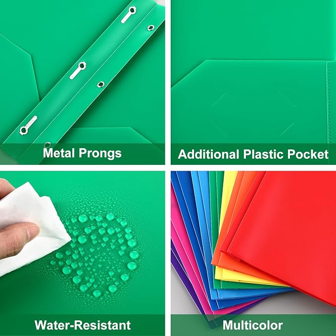 Cholemy 132 Packs Pocket Folders with Prongs Heavy Duty Plastic Folder with Business Card Slot 3 Prong Fasteners for School Office (Cute)