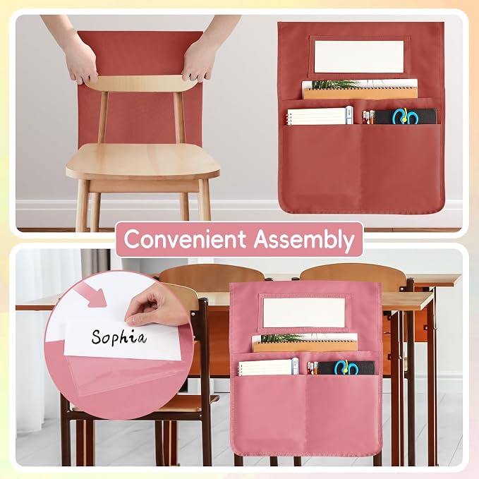 gisgfim 12 Pcs Chair Pockets for Classroom 16.7 x 19.3 Inch s with Name Tag Chairback 3 Pockets Chairs Seat Back Organizer for Elementary School Daycare Home Supply (Groovy)