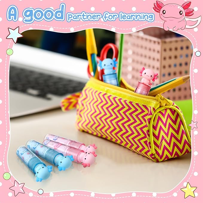 Gersoniel 16 Pcs Axolotl Retractable Erasers Axolotl Birthday Party Favor Gifts School Classroom Supplies Sliding Retractable Pink Blue Cute Animals Pencil Erasers for Amphibian Lovers Office Home