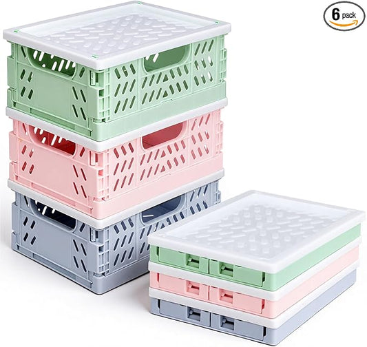 Hushee 6 Pcs Mini Pastel Plastic Storage Baskets with Lids Small Collapsible Crates Mini Mesh Storage Bins Folding for Bedroom Pencils Office Desktop Drawer Organizer 5.55 x 4.13 x 2.32 in