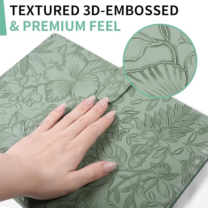 Professional Padfolio Portfolio Binder, Textured Embossing Faux Leather Folder Organizer for Letter Size Legal Pad Notepad Resume, Card Holder for Women Men Business Office Conference (Green)。