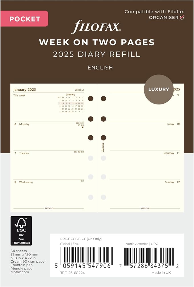 Filofax Calendar Diary Refill, Pocket Size, Week-to-View, Cotton Cream Paper, Unruled, English, 2025 (C68224-25)
