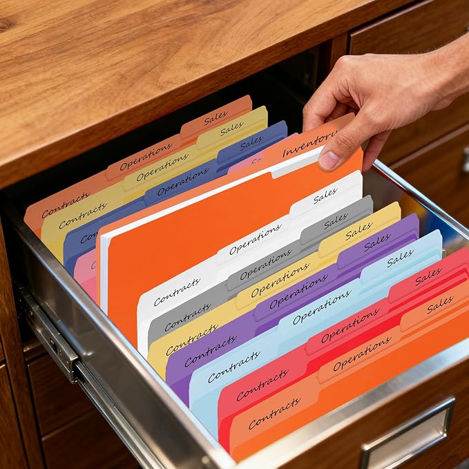 100-Pack Color File Folders, 1/3 Cut Tab, Assorted 10 Colors Letter Size Manilla Folder for School/Office/Classroom