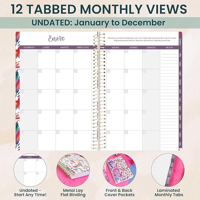 bloom daily planners UNDATED Spanish Calendar Year Day Planner - Passion/Goal Organizer - Start Anytime Monthly & Weekly Agenda Book with Tabs (January to December) - 5.5" x 8.25" - Otomi Embroidery
