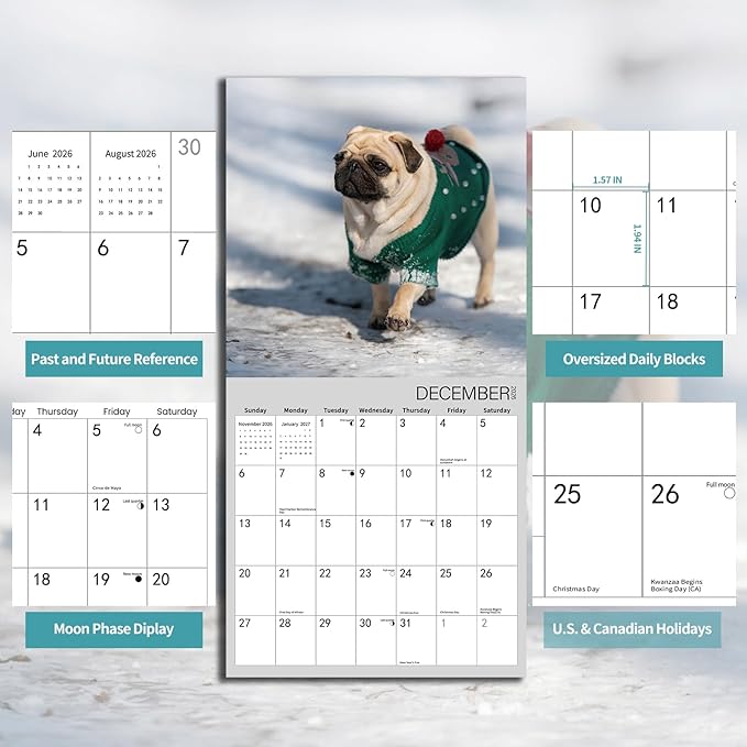 2026 Wall Calendar, Pug Dogs Wall Calendar, 12" x 24" Open,Family Planner Calendar, Home & Office Organizer,Hangable, for Dogs lover