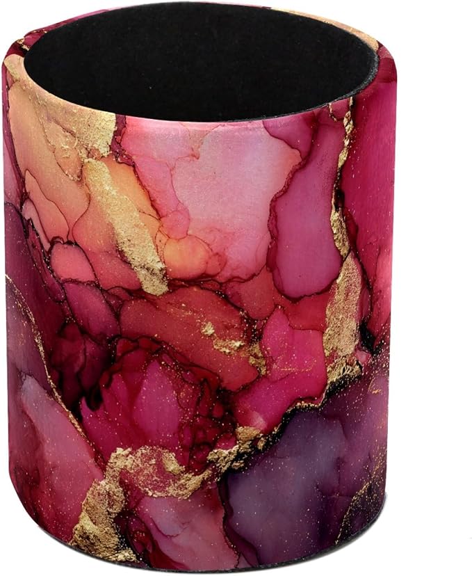 Leather Pen Holder for Desk, Pink Marble Makeup Brushes Holder Pencil Cup Multifunctional Desktop Organizer Caddy for Home School Office Desk Accessories