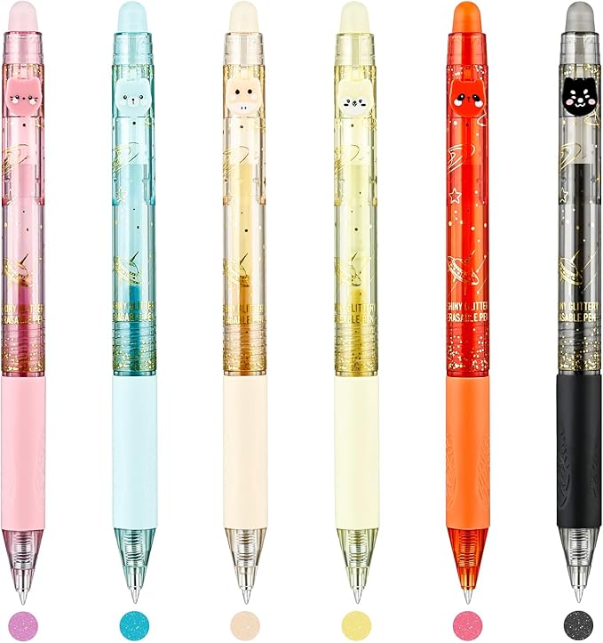 6 Colors Cute Glitter Erasable Pens, 0.5mm Fine Point Colored Retractable Gel Pens, Smooth Writing Ink Pen Marker Make Mistakes Disappear for Coloring Note-Taking Supplies