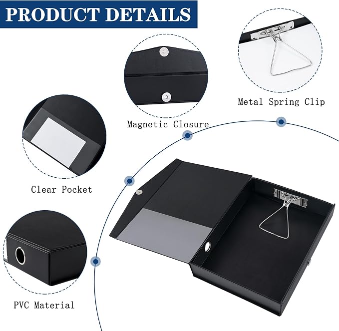Storage File Boxes 6 Pack, Foldable File Boxes with Lid, 50mm Spine, Archives Cases with Magnetic Closure & Clip, Plastic Document File Folder Paper Storage Organizer, Black