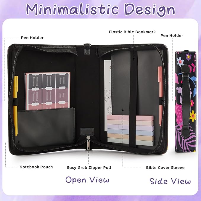 19PCS Floral Purple Leather Bible Cover for Women Bible Cover Cases for Teen Girls Christmas Gift Christian Bag Our God is Within Her Journaling Kit with Shoulder Strap Highlighter Pens & Book Marker
