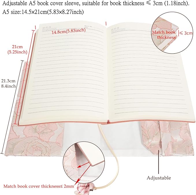 Book Cover Protector for Paperback, A5 Book Cover for Hardcover, Soft Cloth Book Covers - Pink Rose Floral Design, Adjustable Book Sleeve Fit for 5.5×8.2 inch Hardcover Notebook Textbooks Bible Novels