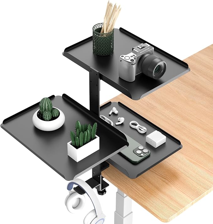 3 Tier Clamp On Desk Shelf - Over Or Under Table Clamp,with Adjustable Metal Storage Tray Headphone Stand with No Drill Installation, for Home Office, Gaming Devices,Storage Tray,and More
