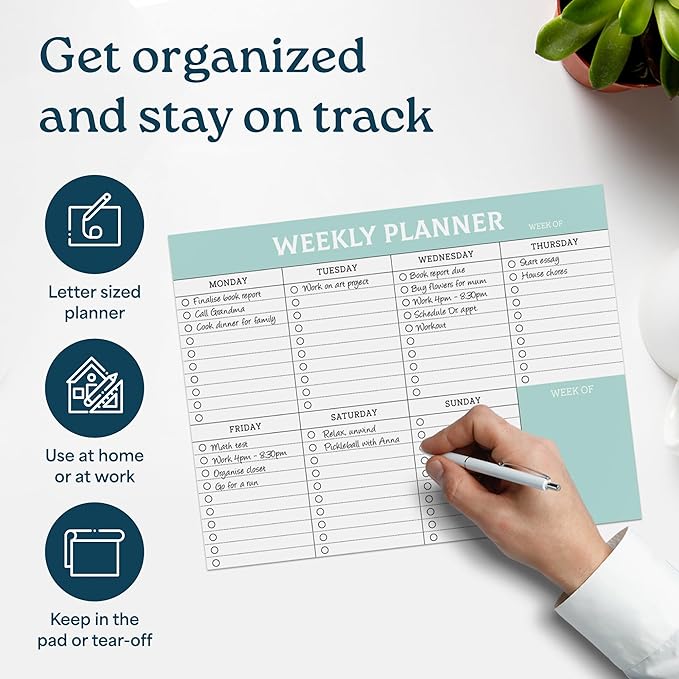 Large Weekly Planning Pad and Matching Notepad, 52 Letter Size Tear-Off Sheets, 8.5” x 11” Undated Weekly Desk Planner Pad, Daily Schedule, Daily To Do List, Notes, Goals For Work and Home