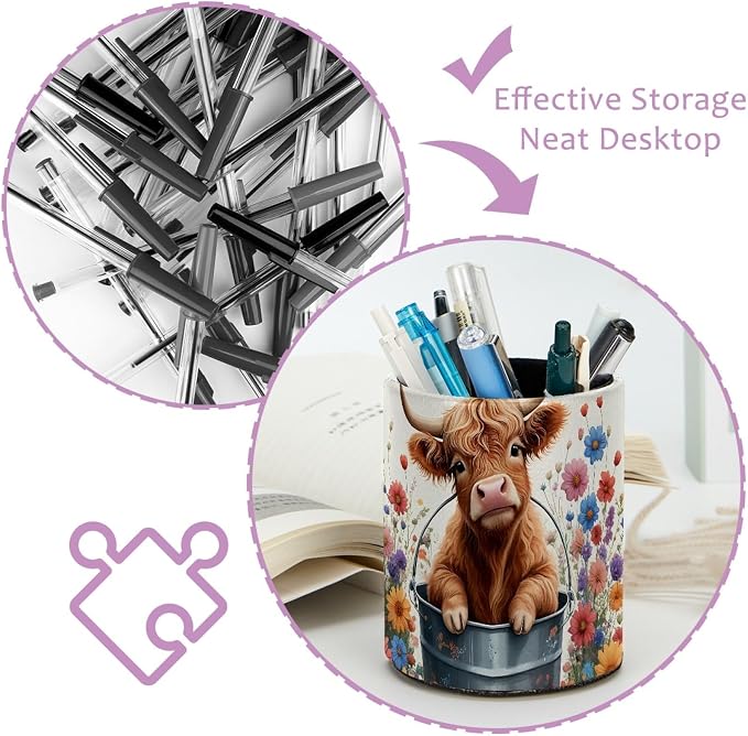 Highland Cow Floral Pen Holder Pencil Organizer Cute Pencil Cup Desk Decor Makeup Brush Holder PU Multifunctional Office Supplies for Home Classroom School
