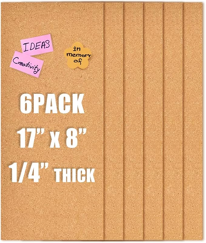 17x8 Cork Board Tiles Bulletin Board, 1/4" Thick Self-Adhesive Cork Boards for Walls, Cork Tiles Vision Board for Home, Office, School, Bulletin Board Decorations(6mm,6pc)