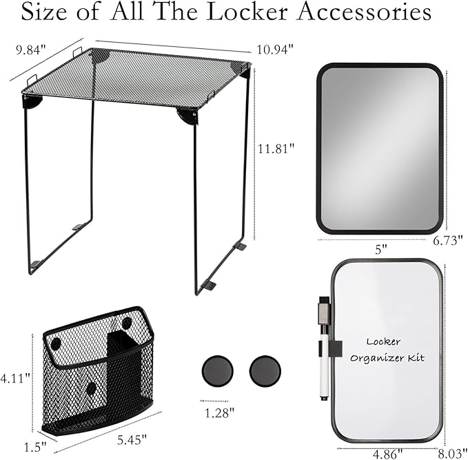 Svartur Black Locker Organizer Kit with Shelf, Shelf, Mirror, Pen Holder, Whiteboard, Back to School Essentials, 7-Piece Decoration Kit