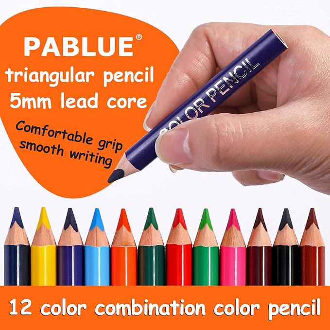 Triangular Jumbo Color Pencils, Short Fat Pre-Sharped Colored Pencils with Pencil Sharpener and Eraser,Gift for Student Drawing and Doodling（12 Colors）