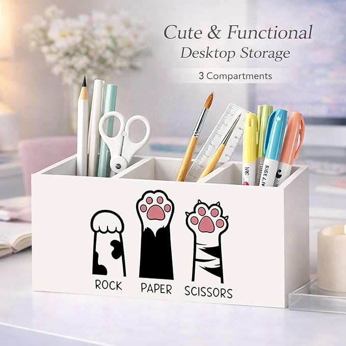 Cat Paw Desk Organizer, Wooden Pen Holder, Rock Paper Scissors Design, Cute Desk Storage for Pens, Markers, Scissors, Rulers – For Cat Lovers, Students, Teachers