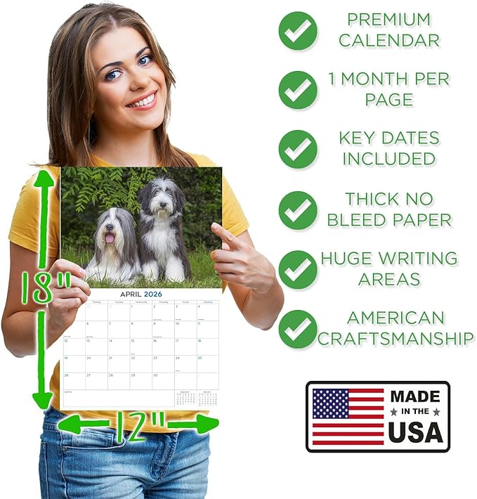 2025 2026 Bearded Collie Calendar - Dog Breed Monthly Wall Calendar - 12" x 18" Open - Thick No-Bleed Paper - Giftable - Academic Teacher's Planner Calendar Organizing & Planning - Made in USA