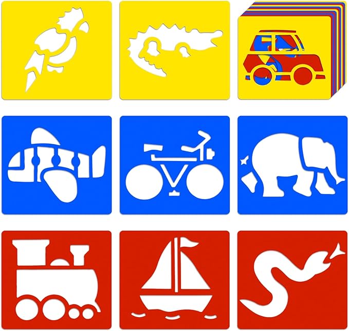 36 PCS Drawing Stencils, 5.6 x 6 Inch Chalk Drawing Stencils, Large Washable Vehicles Jungle Animals Themed Primary Shape Template for Learning Painting DIY Craft