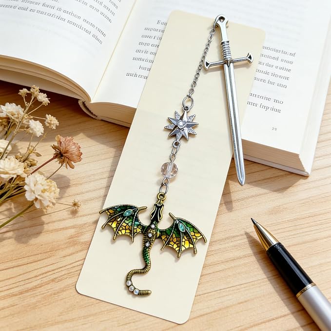 Vintage Green Dragon Bookmark with Sword and Fourth Wing Tassel Metal Pendant, Bookmarks for Reading Women, Men, Book Lovers, Teachers and Students, Christmas Birthday Gifts